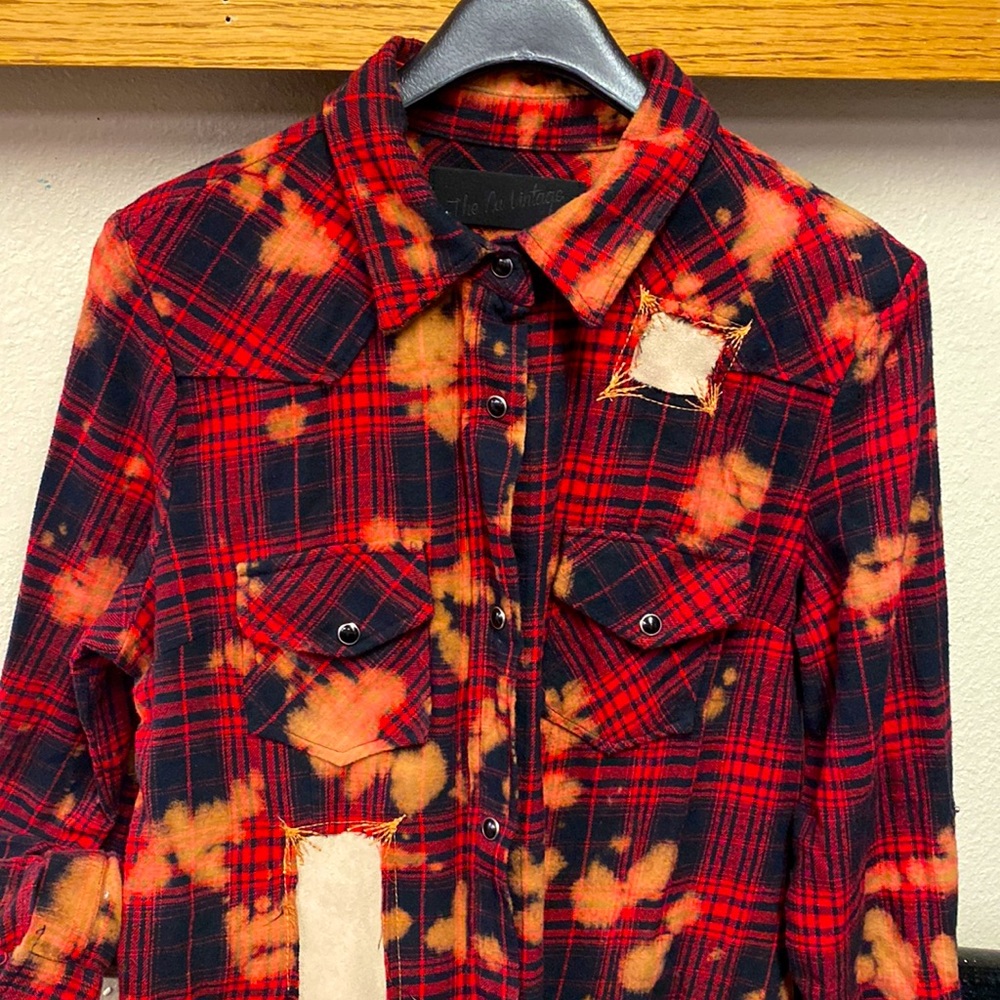 The nu vintage tie dye plaid button down pearl snap flannel long sleeve shirt